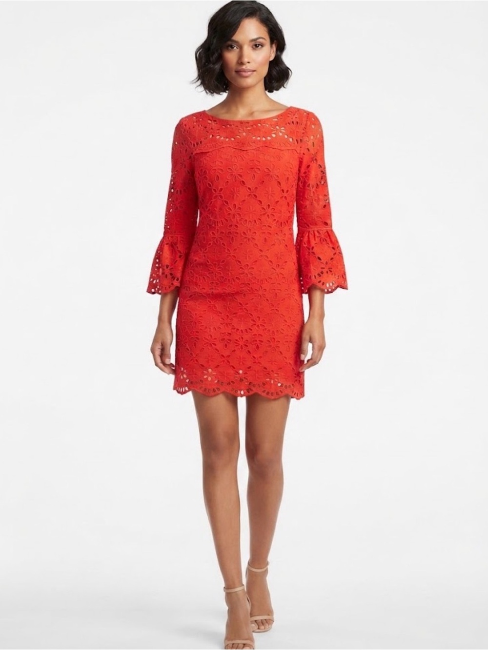 J. Crew Orange-Red Lace Mini Dress with Bell Sleeves